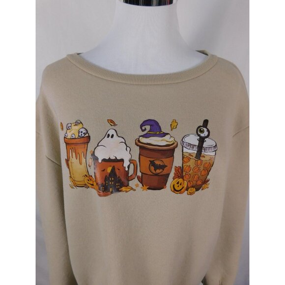 Halloween Coffee Ghost Pumpkin Sweatshirt Womens Large Beige Graphic Fall - Picture 2 of 12